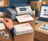 Physical stamp, neutral postage meter, and online shipping label workflows on a business desk