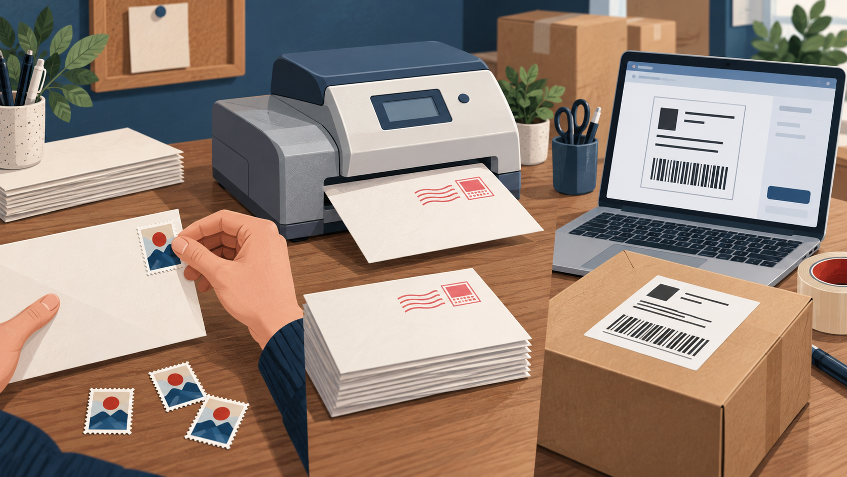 Physical stamp, neutral postage meter, and online shipping label workflows on a business desk