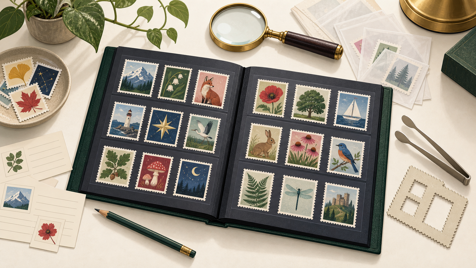 Stockbook, fictional stamps, magnifier, stamp tongs, and archival supplies on a collector's table