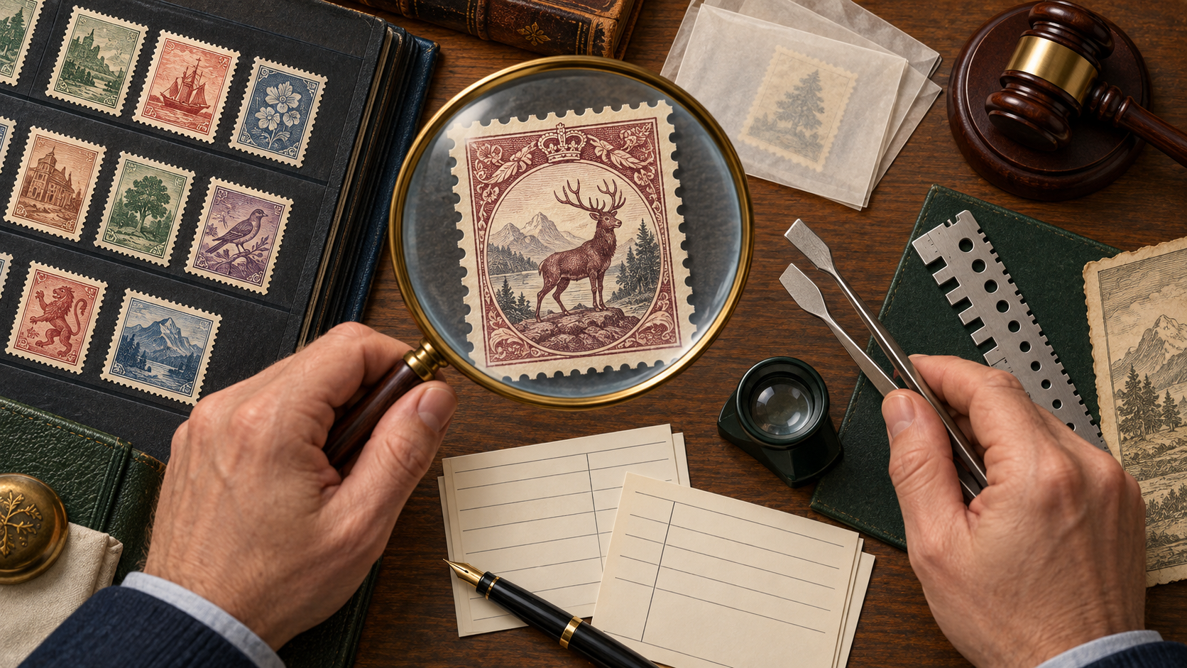 Collector examining fictional vintage stamps with a magnifier, tongs, gauge, stockbook, and inventory cards