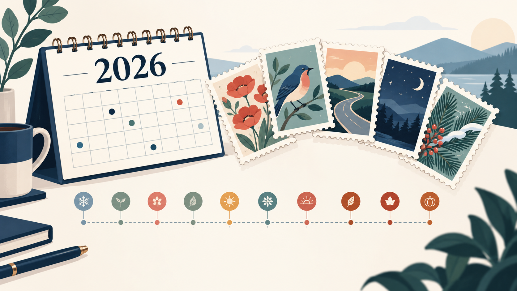 Illustrated 2026 calendar with fictional stamp designs and an annual timeline