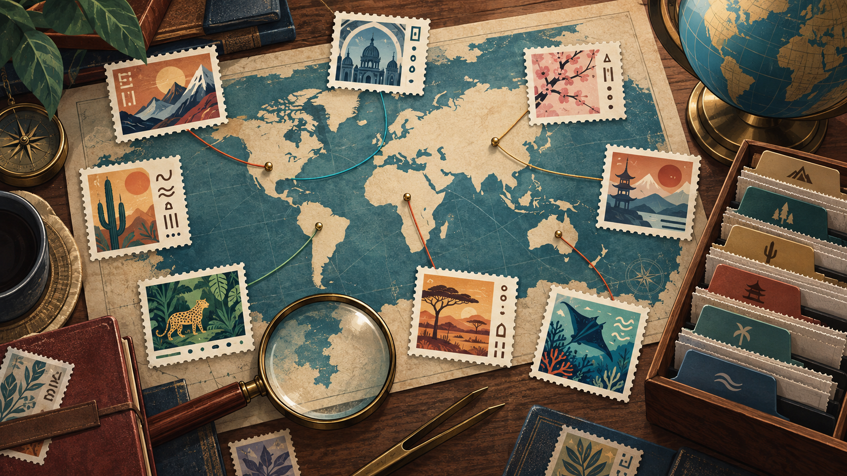 Fictional stamps, an unlabeled world map, catalog dividers, and a magnifying glass